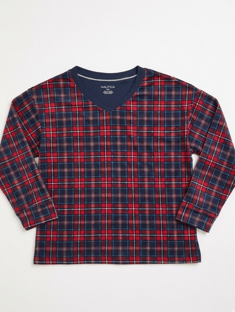 💜Nautica Red & Blue Tartan Plaid Vneck Fleece Loungewear Top Large